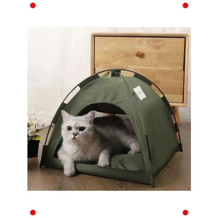 Yumuşak Minderli Kedi Kamp Çadırı Evi (Yeşil, Small)