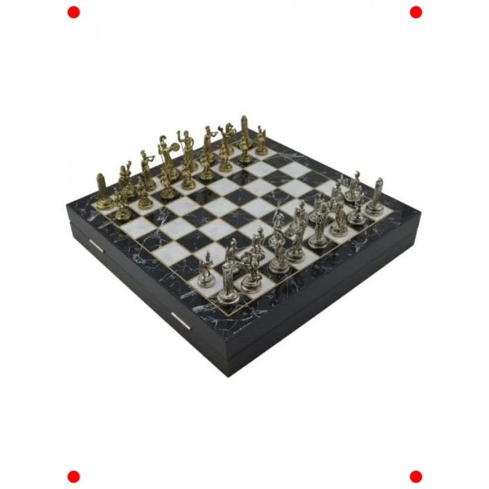 Yunan Temalı Metal Satranç Takımı - Mermer Desenli Tahta