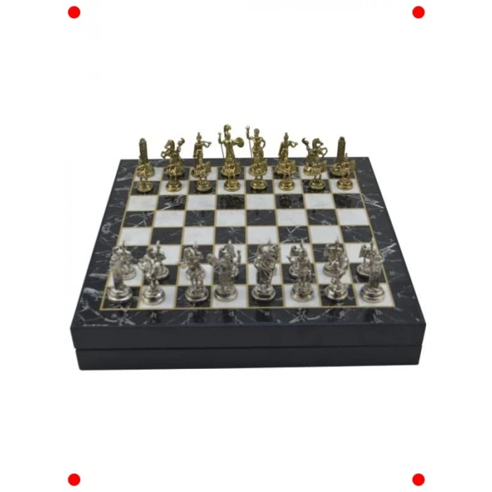 Yunan Temalı Metal Satranç Takımı - Mermer Desenli Tahta