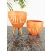 Dik Çizgi Desenli Terrakota Saksı, 15 cm İkili Set