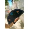 Siyah Katlanabilir Ahşap Saplı El Yelpazesi, Çiçek Desenli