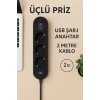 Termal Akım Korumalı 3lü Priz, 2500W Güç ve USB Girişleriyle