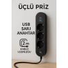 Termal Akım Korumalı 3lü Priz, 2500W Güç ve USB Girişleriyle