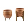 Yan Çizgi Desenli Terrakota Toprak Saksı, 15 cm İkili Set