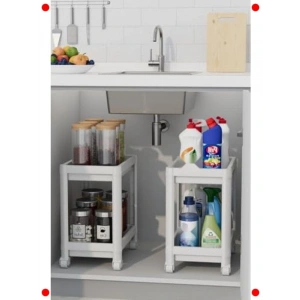 2 Adet 2 Katlı Tekerlekli Çok Amaçlı Raf Seti