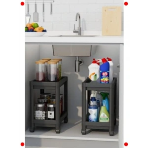 2 Adet 2 Katlı Tekerlekli Tezgah Altı Rafı - Siyah