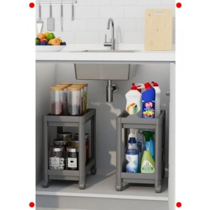2 Adet Tekerlekli Çok Katlı Tezgah Altı Rafı (Gri)