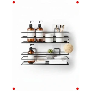 2 Adet Yapışkanlı Siyah Banyo & Mutfak Rafı - Delmeden