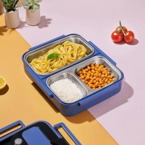 3 Bölmeli Mavi Çelik Beslenme Kutusu, Lunchbox Sefer Tası
