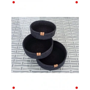 3lü Yuvarlak Siyah Hasır Örme Dekoratif Sepet Seti