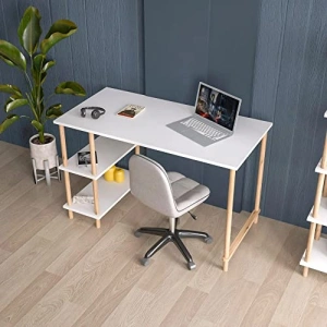 4 Raflı Ofis Masası, Ahşap Ayaklı, Beyaz
