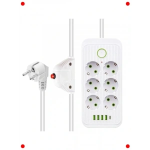 6lı Akım Korumalı Priz, USB/Type-C, Anahtarlı