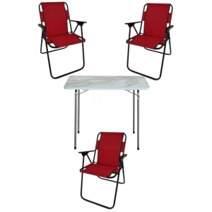 60x80 cm Katlanır Masa ve 3 Adet Katlanır Sandalye Seti, Bahçe Takımı Kırmızı
