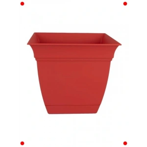 8 İnç Kırmızı Kare Bitki Saksısı, Tabaklı İç/Dış Mekan