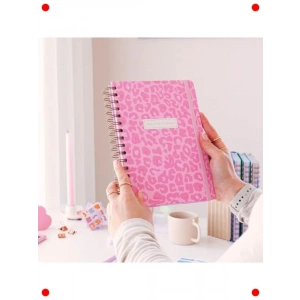 A5 Spiralli Süresiz Ajanda, Pembe Leopar Desenli
