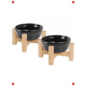 Ahşap Standlı Çift Seramik Evcil Hayvan Mama Kabı