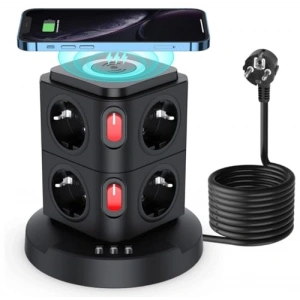 Akım Korumalı Priz Kule Tipi - 8 Priz ve Kablosuz Şarj