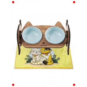 Ayarlanabilir Ahşap Mama Su Kabı Seti – Mavi Seramik