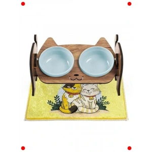 Ayarlanabilir Ahşap Mama Su Kabı Seti – Mavi Seramik