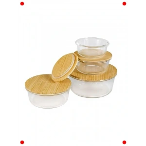 Bambu Kapaklı Vakum Cam Saklama Kabı - 525 ml Yuvarlak