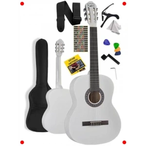 Beyaz Klasik Gitar Seti - 4/4 Yetişkin Boy, Ayarlı Sap