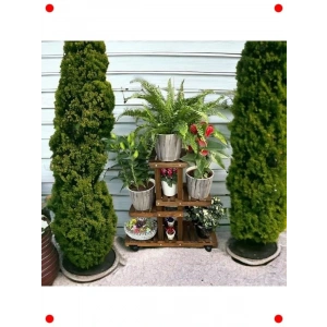 Ceviz Ahşap 4 Katlı Bitki Standı Tekerlekli + Bahçe Seti