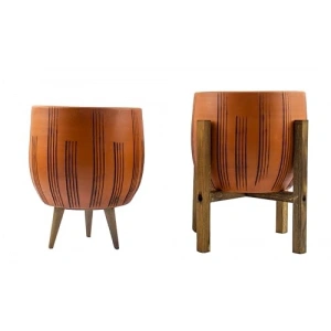 Dik Çizgi Desenli 19 CM İkili Set Toprak Saksı, 3 ve 4 Ayaklı