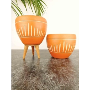Dik Çizgi Desenli Terrakota Saksı, 15 cm İkili Set