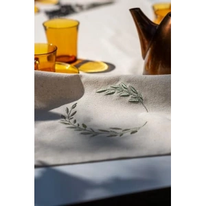 Doğal Keten İşlemeli Mutfak ve Bahçe Runner, Zeytin Dalı Deseni