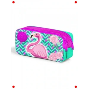 Flamingo Desenli İki Bölmeli Kalem Çantası - Simli
