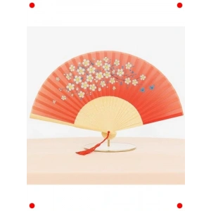 Japon Çiçekli Bambu Katlanır Yelpaze (Turuncu)