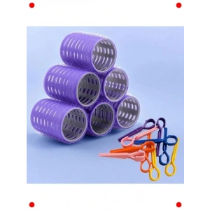 Jumbo Boy Cırtlı Bigudi Seti & Saç Pensleri - Mor