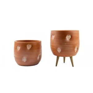 Kalp Desenli 19 cm Toprak Saksı, İkili Set, Ayaksız