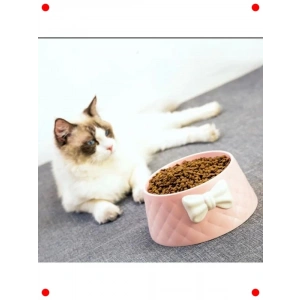 Kedi & Köpek Papyon Desenli Mama ve Su Kabı (Pembe)