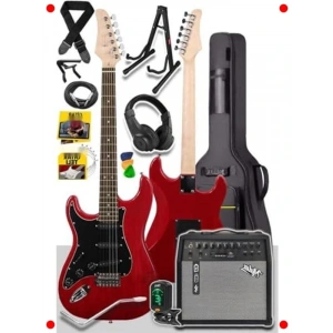 Kırmızı Elektro Gitar Seti 50W BT Şarjlı Amfi Kulaklık