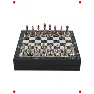 Klasik Metal Satranç Takımı Mermer Desenli Sandıklı Tahta