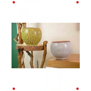 Krem Kahve Hardal Sarısı Sırlı Terrakota Saksı Seti