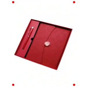 Kutulu Deri Defter ve Kalem Hediye Seti - Kırmızı