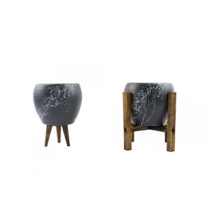 Mermer Efektli Gri Beyaz Saksı, 15 cm İkili Set