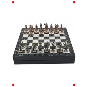 Metal Roma Satranç Takımı - Antik Mermer Desenli Sandıklı Tahta