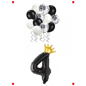 Siyah 4 Rakam Balon Seti - Taç ve Konfetili Parti