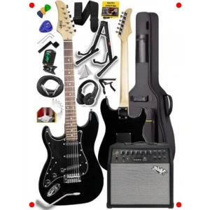 Siyah Elektro Gitar Seti 50W BT Şarjlı Amfi Kulaklık