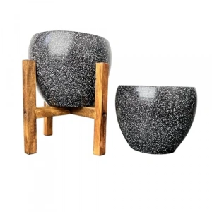 Siyah Granit Toprak Saksı, 15 cm İkili Set Ayaksız