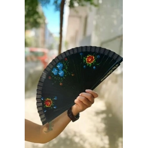 Siyah Katlanabilir Ahşap Saplı El Yelpazesi, Çiçek Desenli
