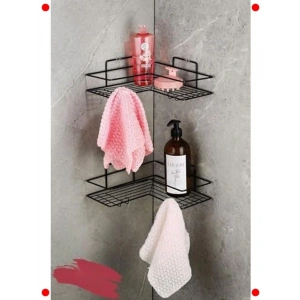 Siyah Yapışkanlı Paslanmaz Köşe Banyo Rafı Şampuanlık
