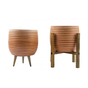 Yan Çizgi Desenli Terrakota Toprak Saksı, 15 cm İkili Set