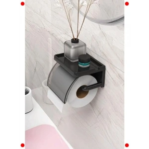 Yapışkanlı Kapaklı Tuvalet Kağıdı Tutucu (Plastik, Siyah)