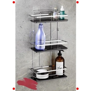 Yapışkanlı Paslanmaz Ayarlanabilir Banyo Rafı Krom Siyah