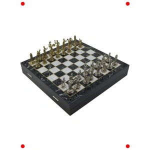 Yunan Temalı Metal Satranç Takımı - Mermer Desenli Tahta