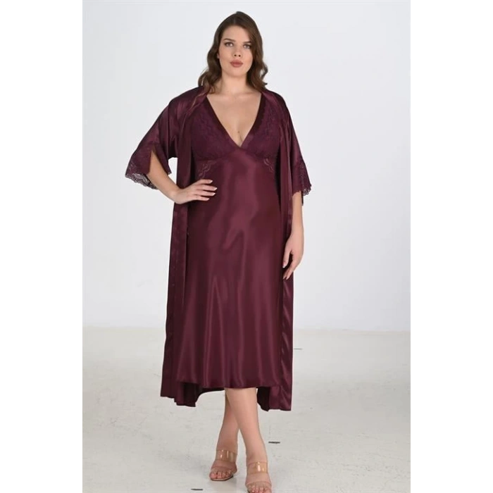 Arias Closet Premium Büyük Beden Saten Dantel İşlemeli Mürdüm Uzun 2li Gecelik Sabahlık Takımı Bigsize